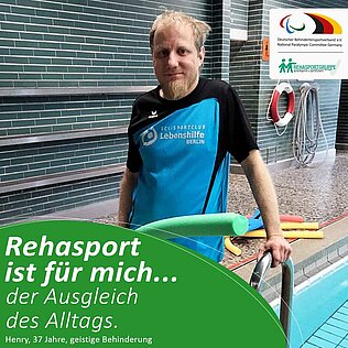Foto von Henry Pawelzig im Sportdress mit der Textzeile: Rehasport ist für mich ... der Ausgleich des Alltags