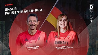 Michael Teuber (links) und Mareike Miller (rechts) vor einer deutschen Fahne 